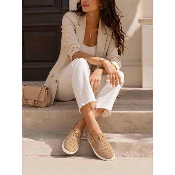 Michael Kors Shoes - Michael Kors Noa Tan Gold Monogram Logo Slip On Sneakers Shoes Womens Size 3